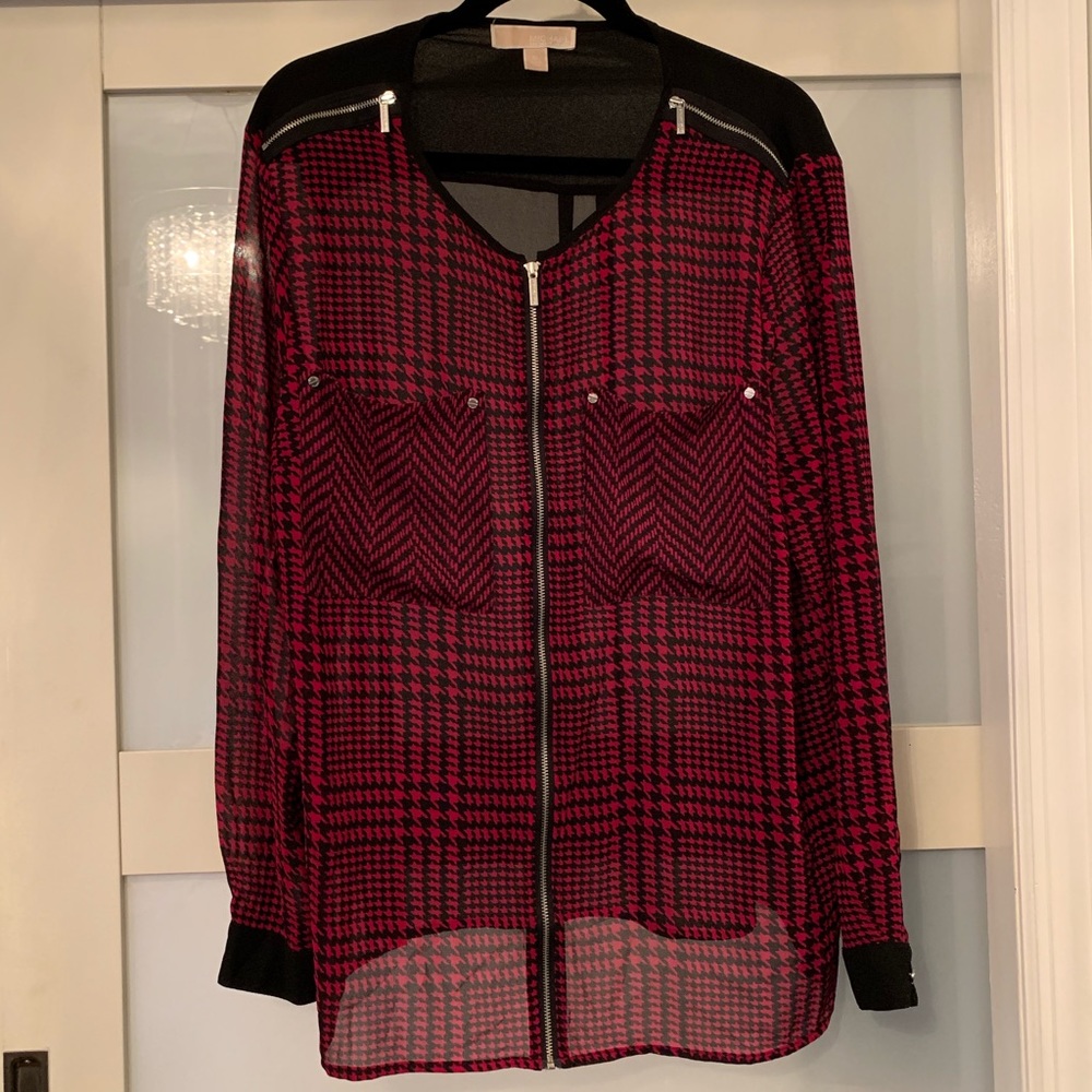 Michael Kors Pink/Black Houndstooth Zip Up Blouse